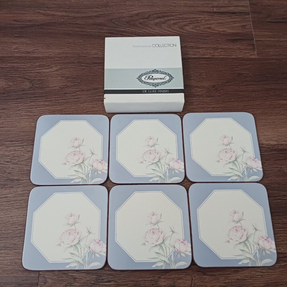6 Pimpernel Cork Back Coasters Peace Lilac Square Cork Back with Box Cottagecore